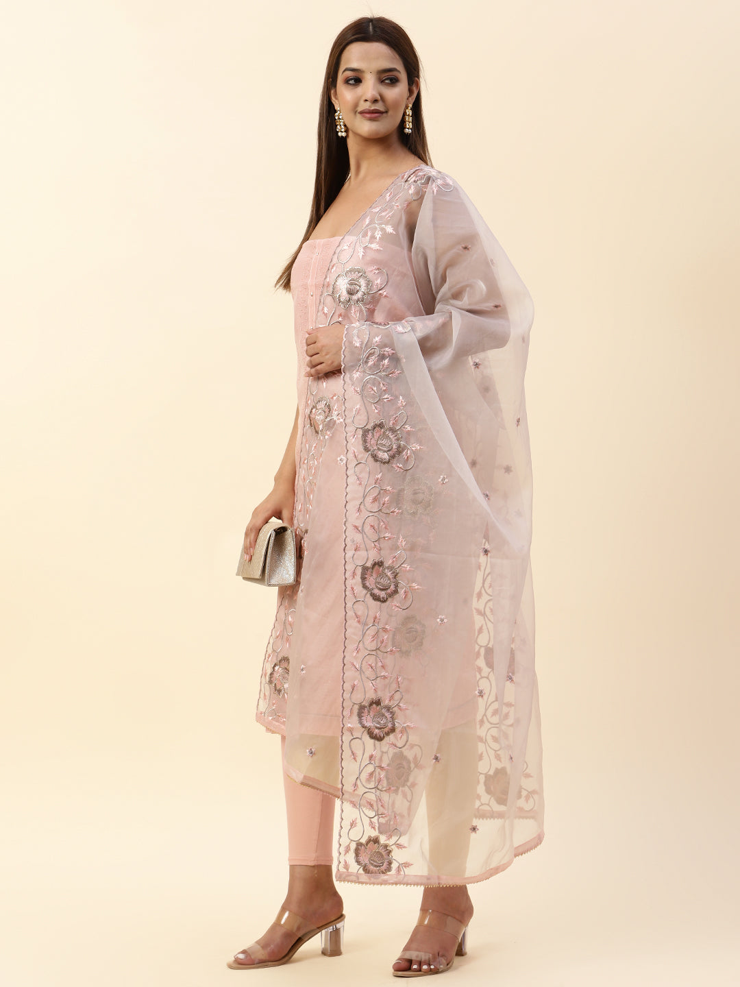Embroidered Chanderi Unstitched Suit Piece With Dupatta