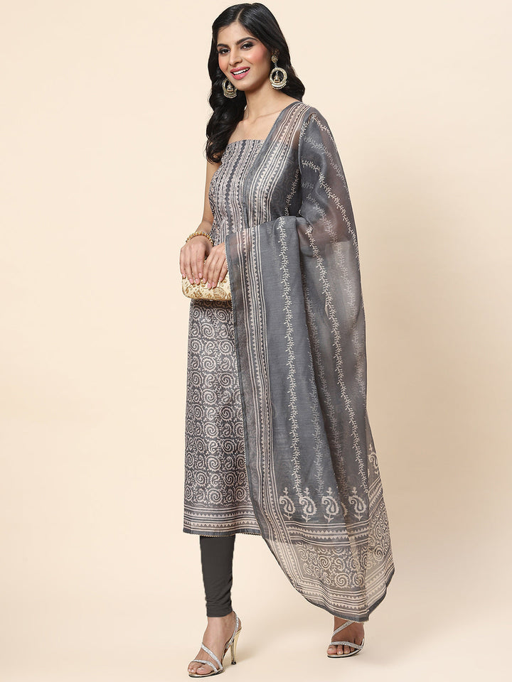 Printed Chanderi Unstitched Suit Piece With Dupatta