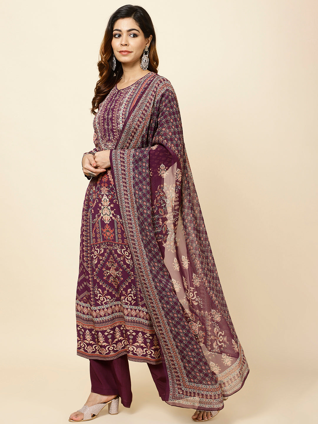 Digital Printed Crepe Kurta With Palazzo &amp; Dupatta