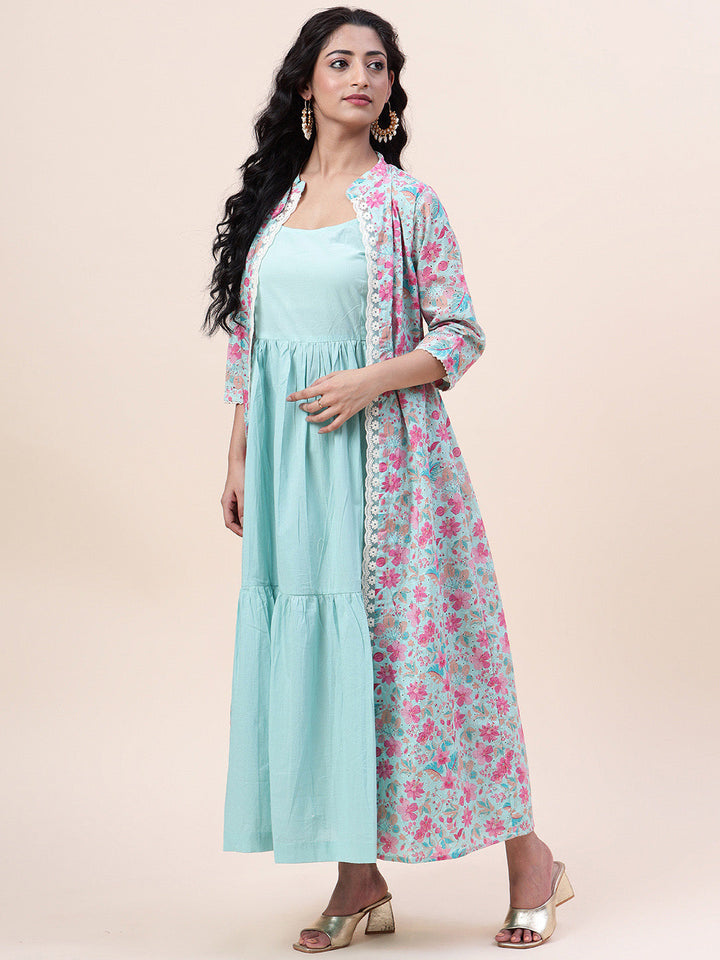 Floral Printed Cotton Gown With Jacket