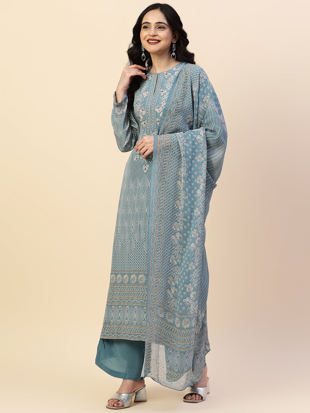 Digital Printed Crepe Kurta With Palazzo &amp; Dupatta