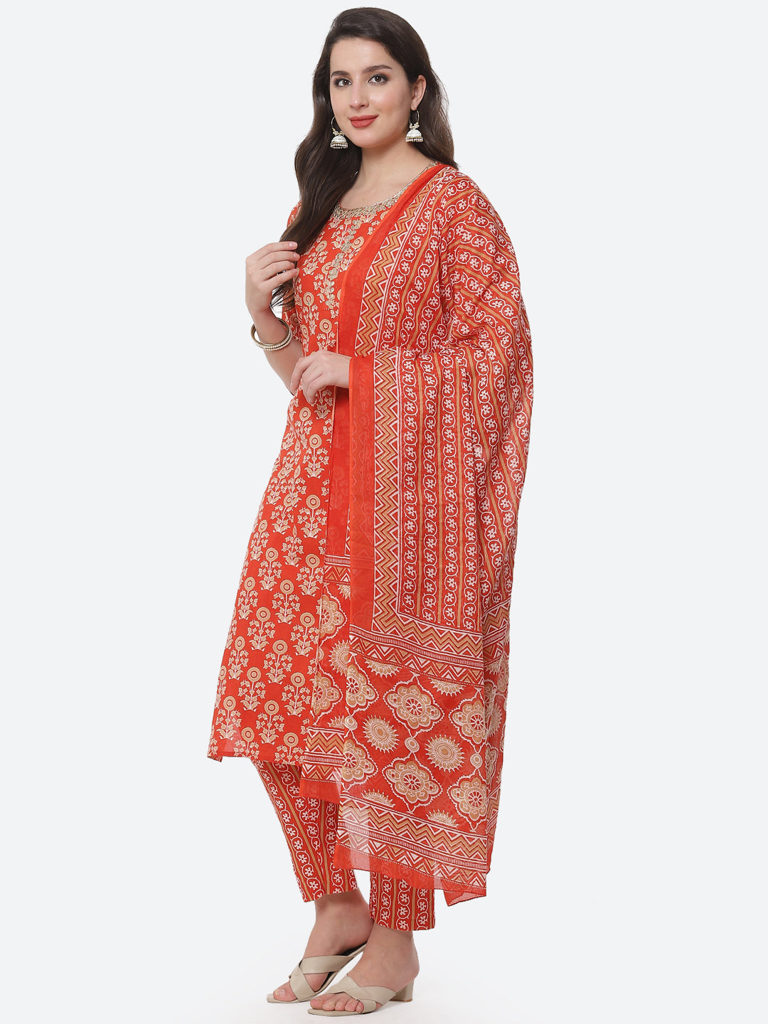 Printed Cotton Muslin Kurti With Printed Pant And Dupatta