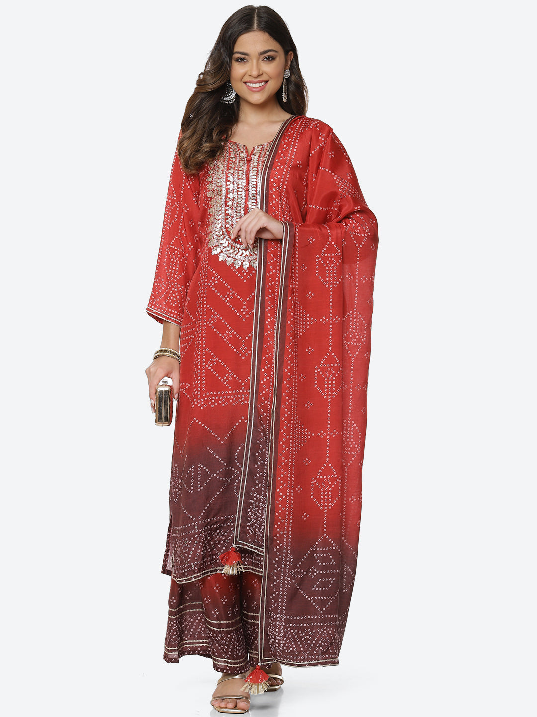 Printed Gota Neck Cotton Kurta With Palazzo &amp; Dupatta