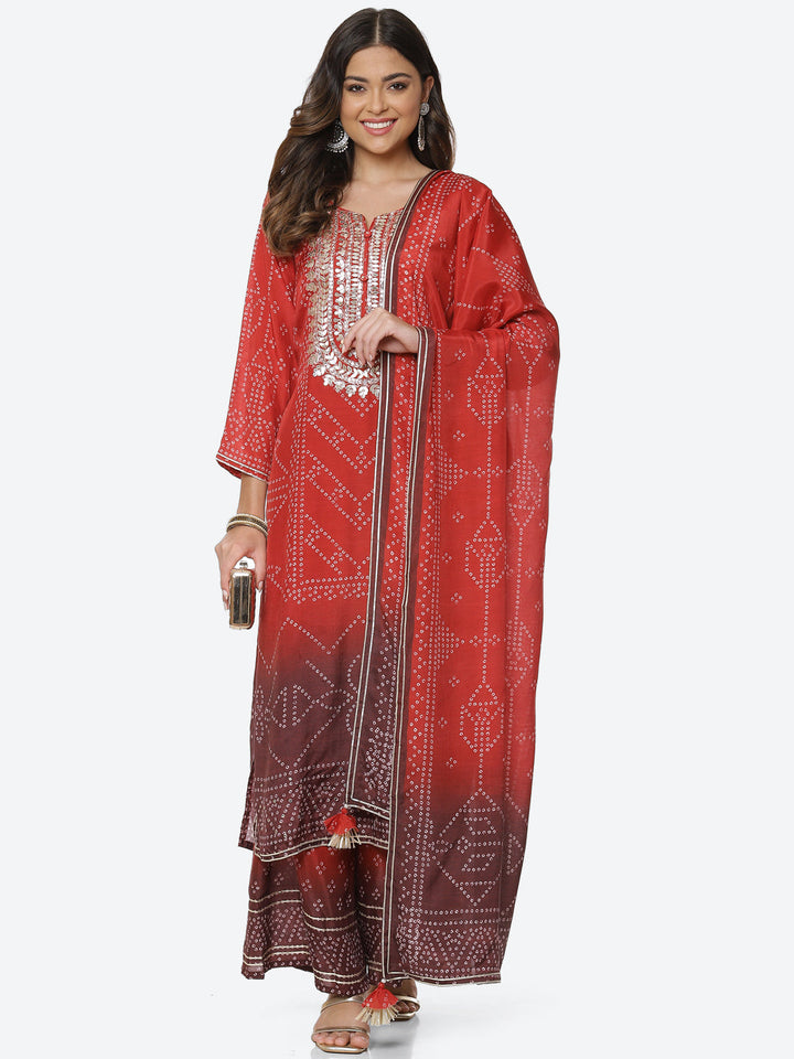 Printed Gota Neck Cotton Kurta With Palazzo &amp; Dupatta