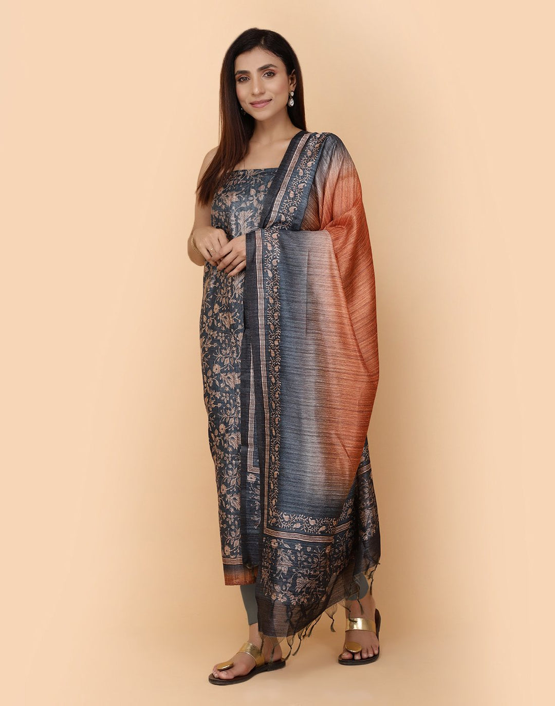 Printed Chanderi Suit Piece With Art Silk Dupatta