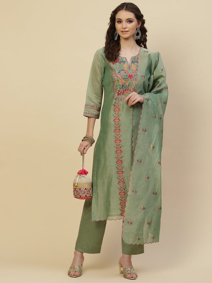 Floral Resham Booti Cotton Kurta With Pants &amp; Dupatta