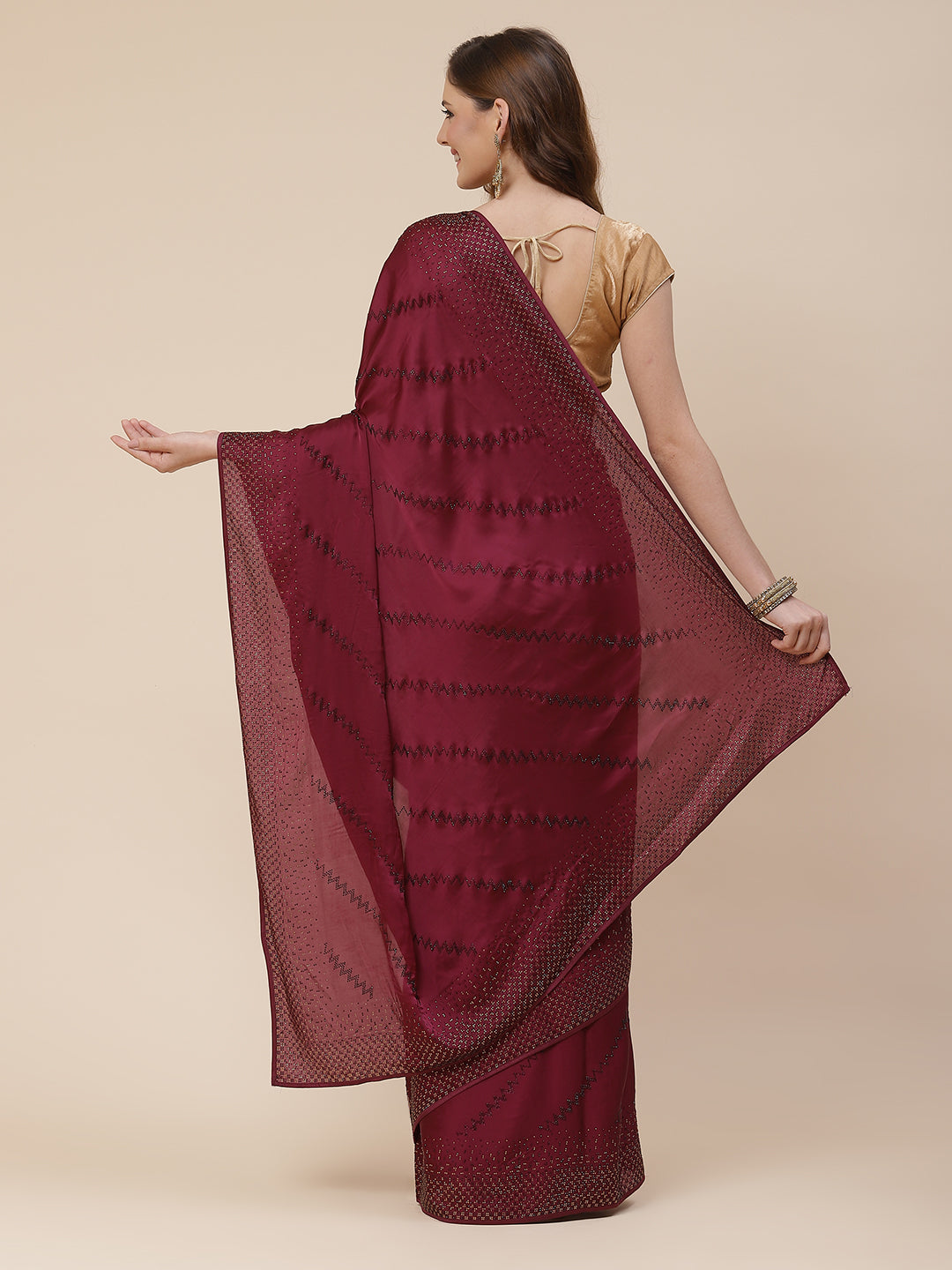 Stone Work Handloom Pure Satin Embroidered Saree