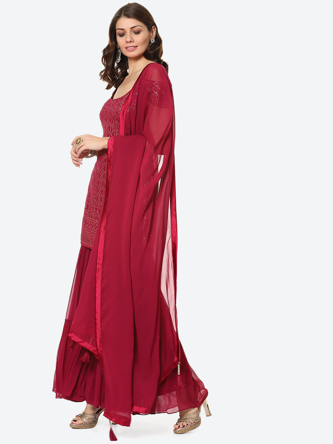 Sequin Georgette Kurti With Palazzo &amp; Georgette Dupatta