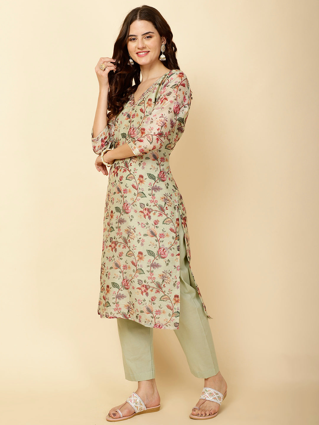Floral Printed Cotton Straight Kurta With Pants