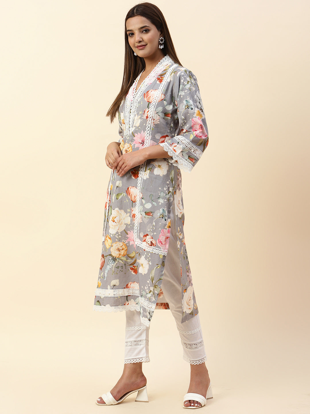 Floral Printed Cotton Kurta With Pants