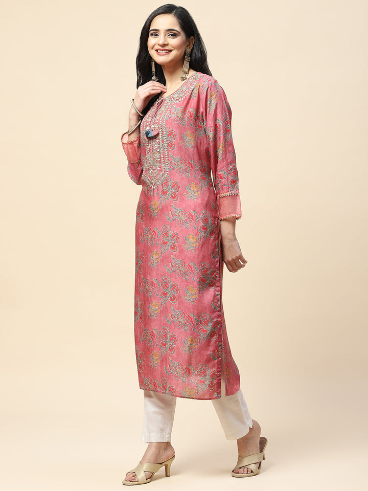 Printed With Yoke Embroidered Muslin Kurta