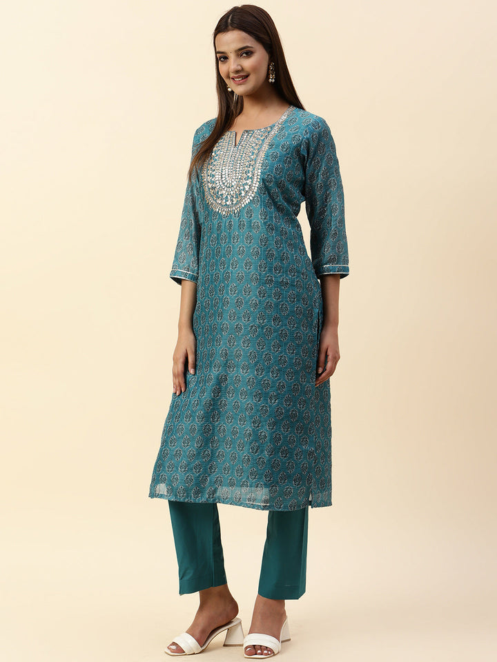 Printed &amp; Neck Embroidered Chanderi Kurta With Pants