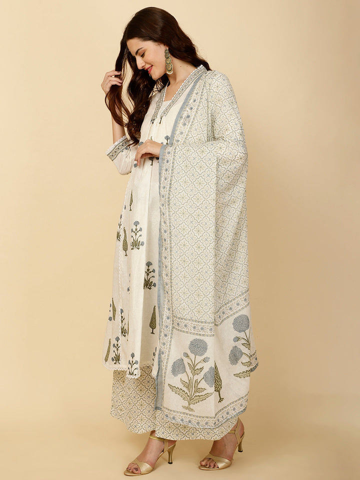 Block Printed Cotton Kurta With Palazzo &amp; Dupatta