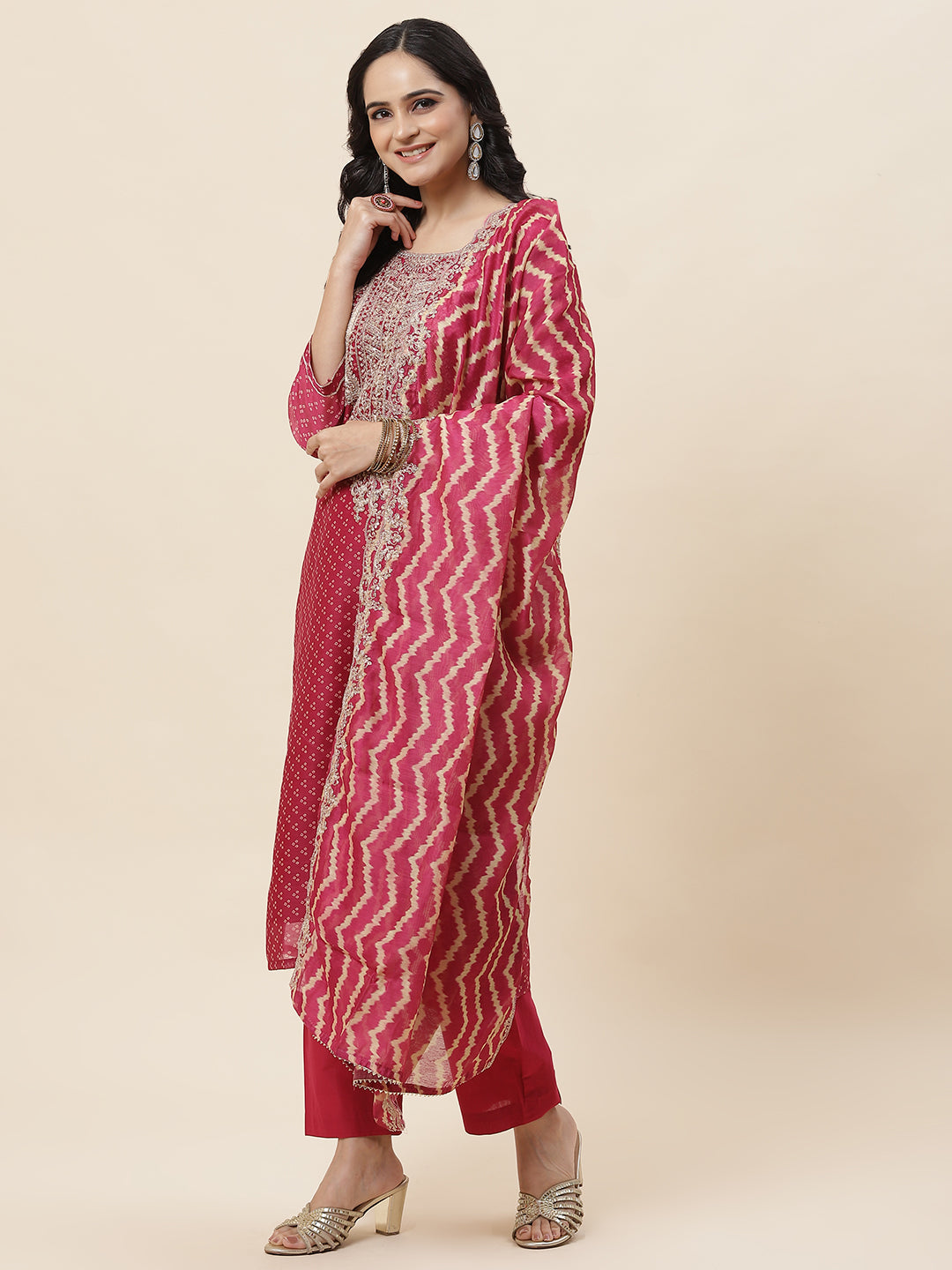 Bandhani Printed Chanderi Kurta With Pants &amp; Dupatta
