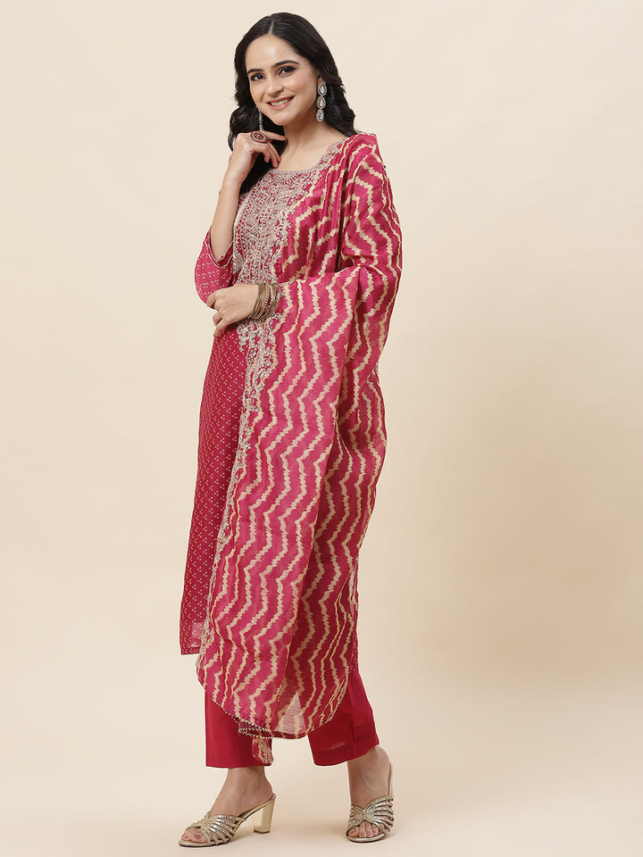Bandhani Printed Chanderi Kurta With Pants &amp; Dupatta