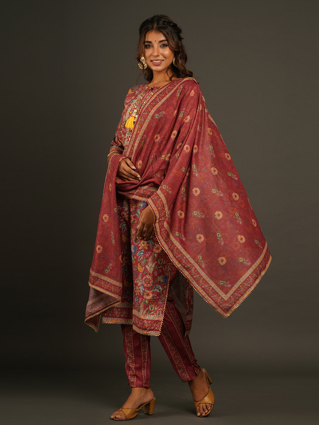 Floral Printed Muslin Kurta With Pants &amp; Dupatta