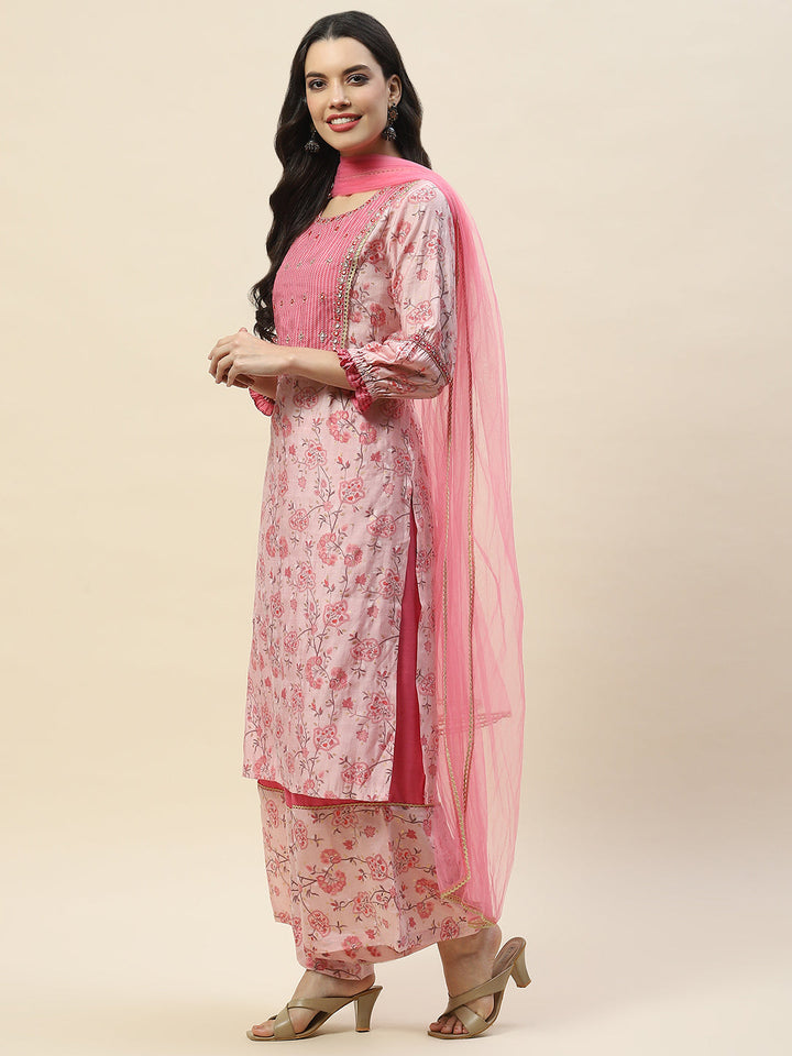 Neck Embroidered Chanderi Suit Set With Dupatta