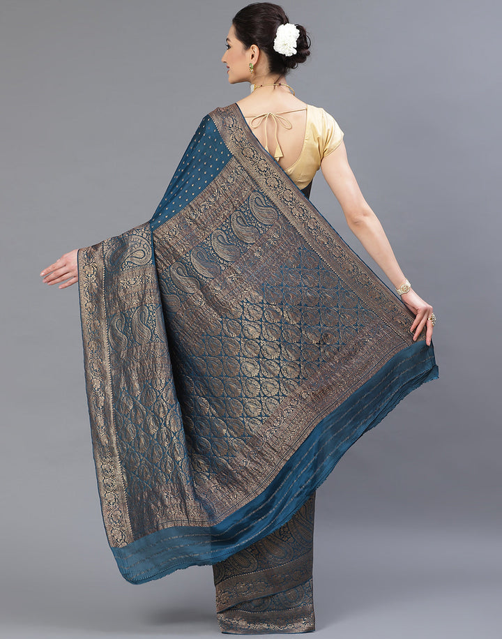 MBZ Meena Bazaar-Navy Blue Woven Crape Plain Saree