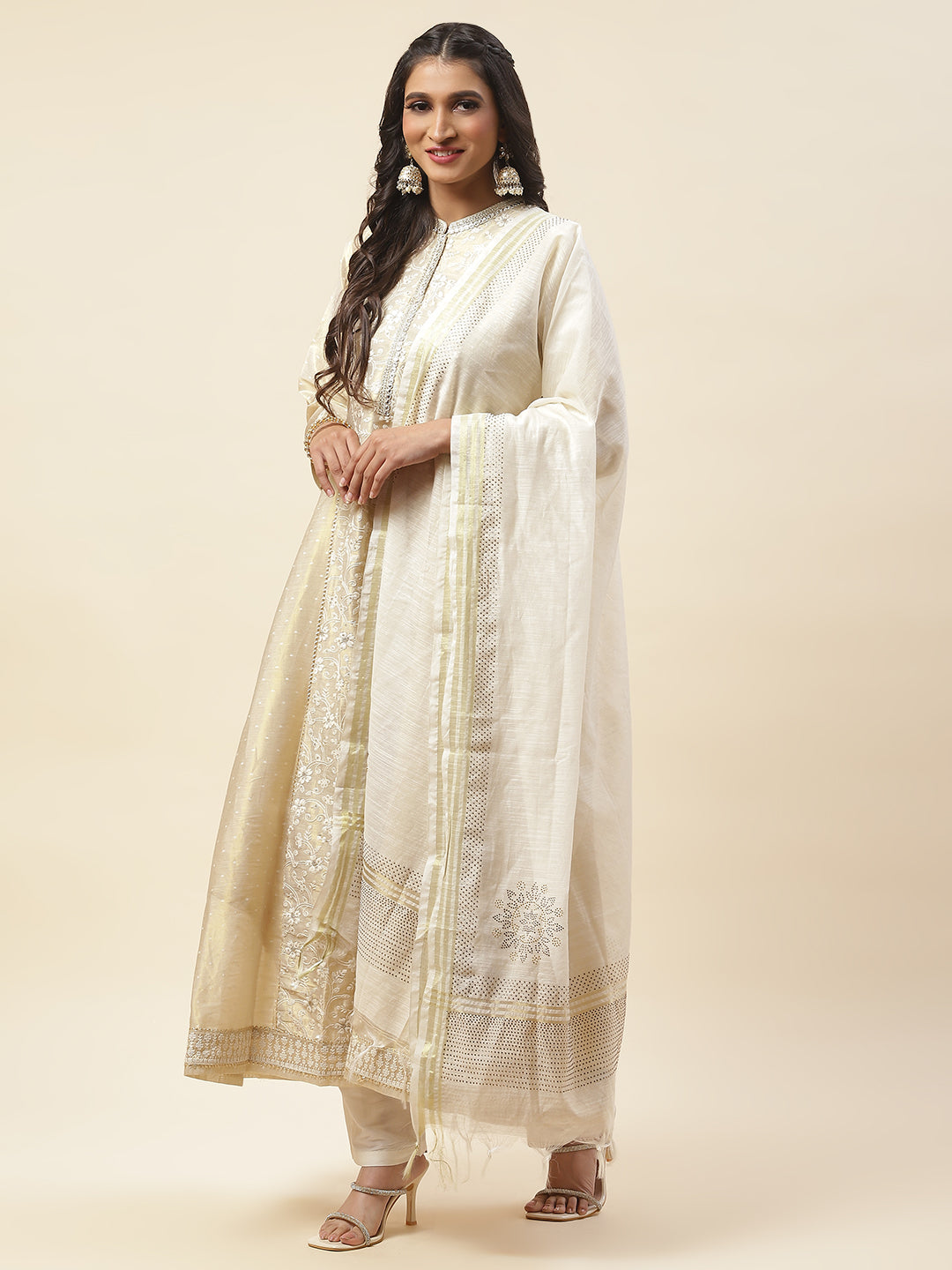 Resham Booti Embroidered Cotton Anarkali Kurta With Churidar &amp; Dupatta