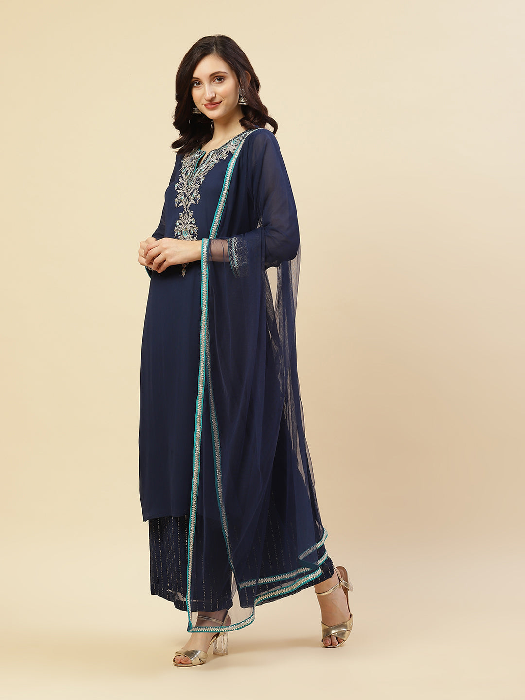 Embroidered Georgette Kurti With Palazzo And Dupatta