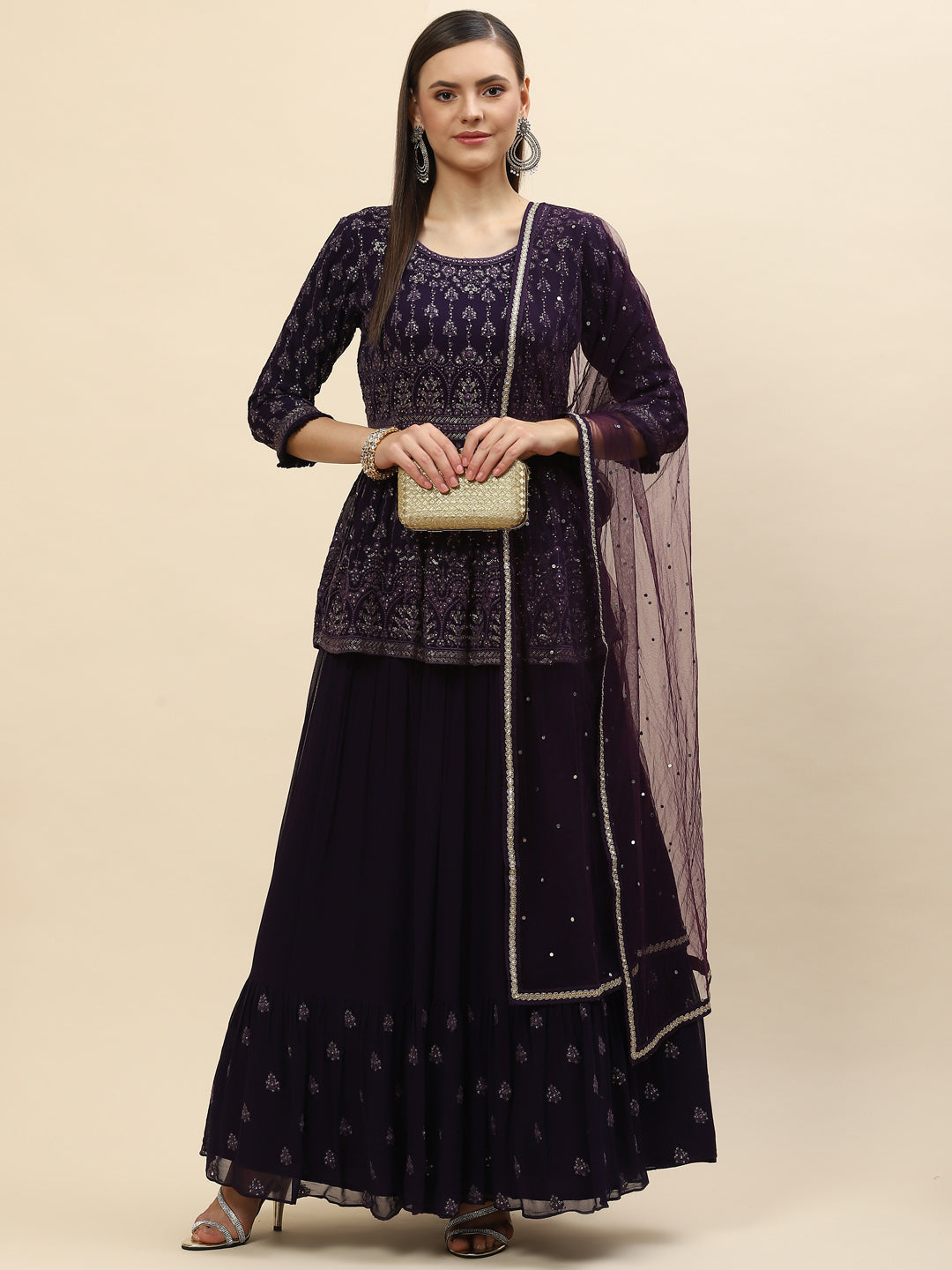 Sequin Embroidered Georgette Peplum Choli With Lehenga &amp; Dupatta