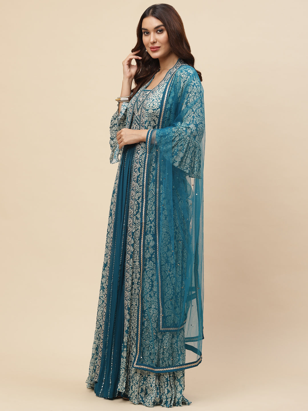 Neck Embroidered Georgette Gown With Jacket &amp; Dupatta