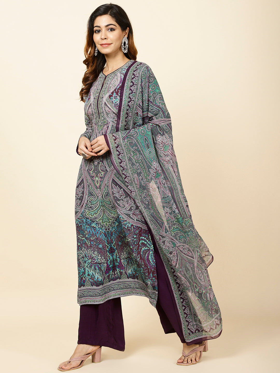 Digital Printed Crepe Kurta With Palazzo &amp; Dupatta
