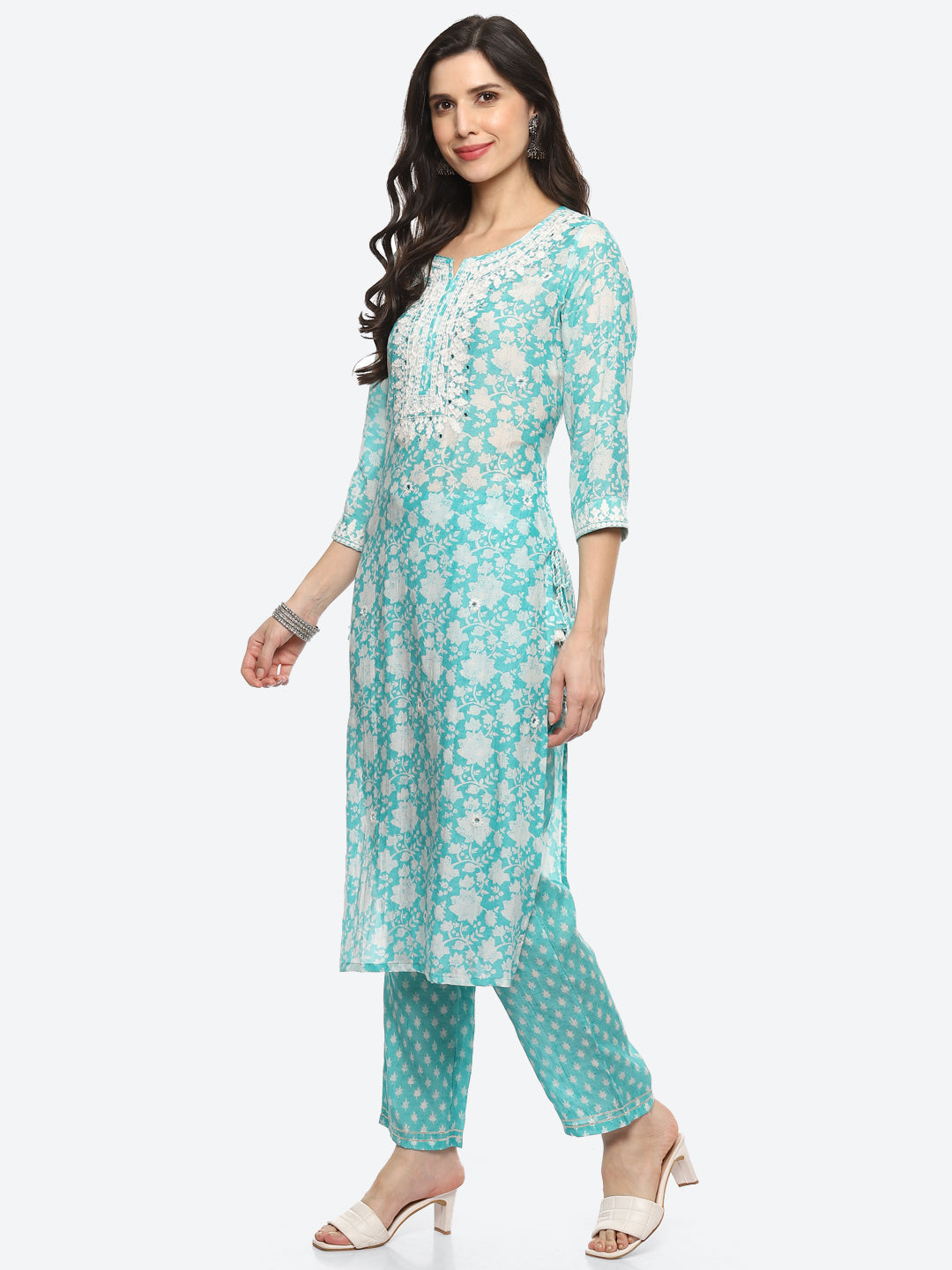 Resham Mirror Yoke Printed Muslin Kurta With Pant
