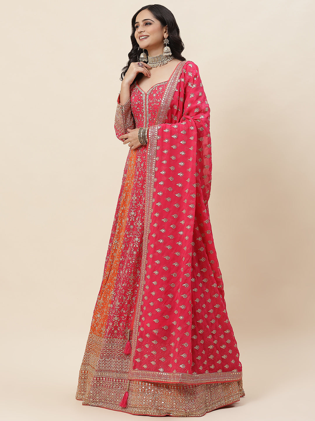 Sequin Embroidered Georgette Kurta With Pants &amp; Dupatta - meena bazaar