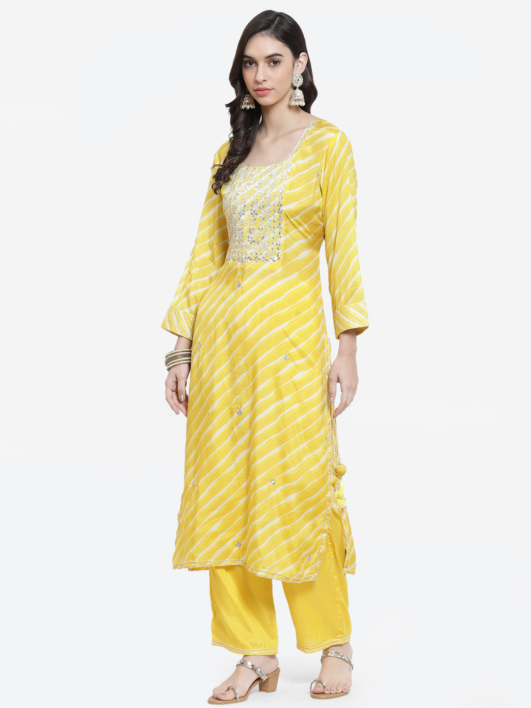 Leheriya Printed Gota Work Cotton Stitched Salwar Kameez With Printed Organza Dupatta