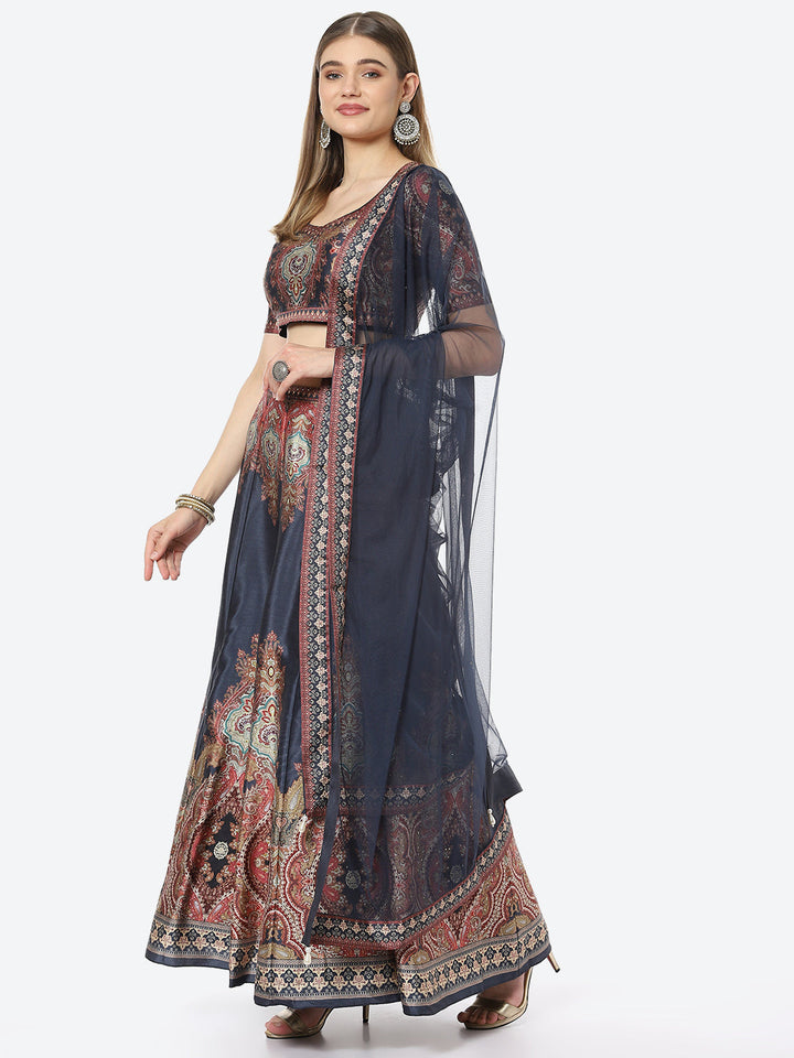 Floral Digital Printed Tussar Silk Choli With Lehenga &amp; Net Dupatta