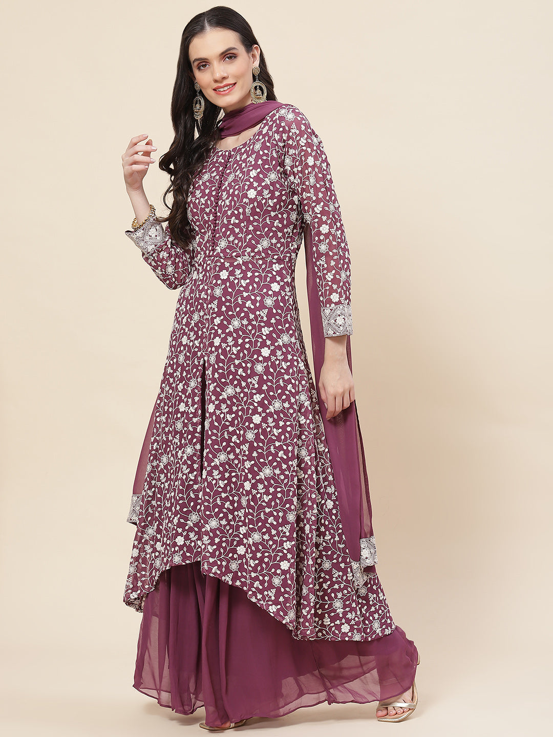 Embroidered Georgette Kurta With Palazzo &amp; Dupatta