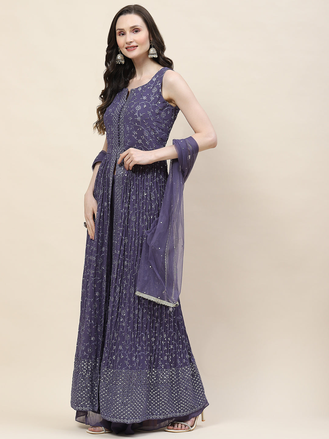 Resham Sequin Embroidery Georgette Kurta With Palazzo &amp; Dupatta