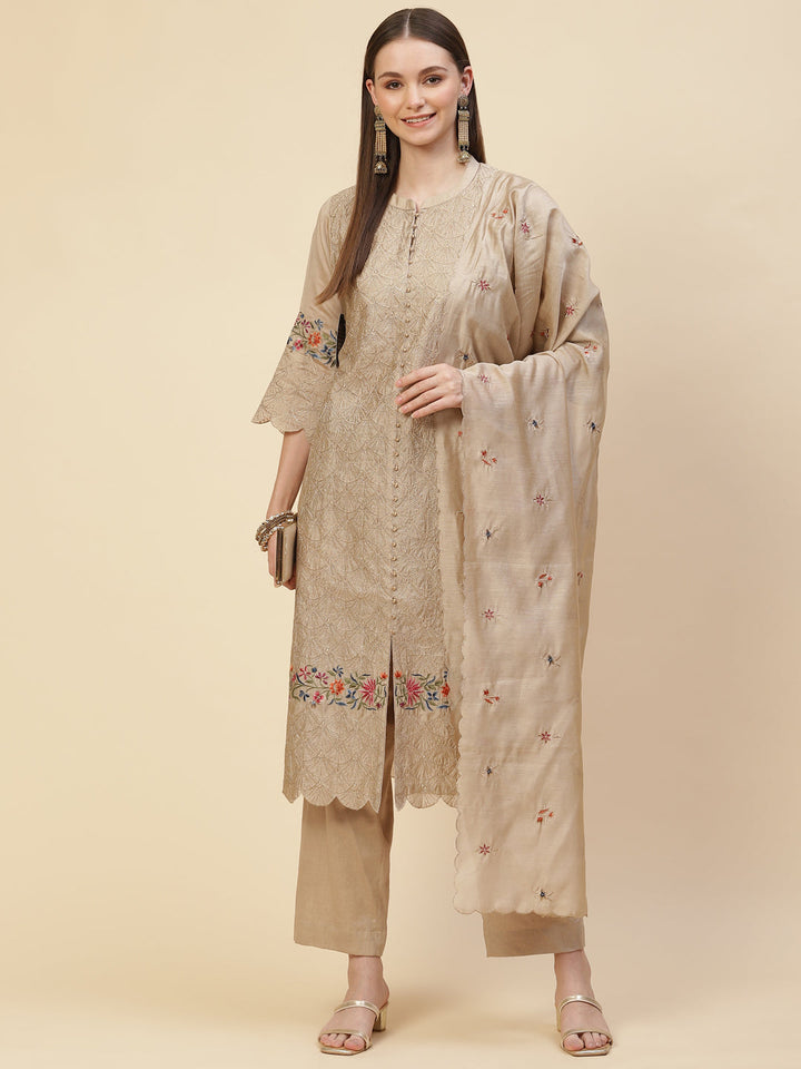 Zari Embroidered Cotton Kurta With Pants &amp; Dupatta