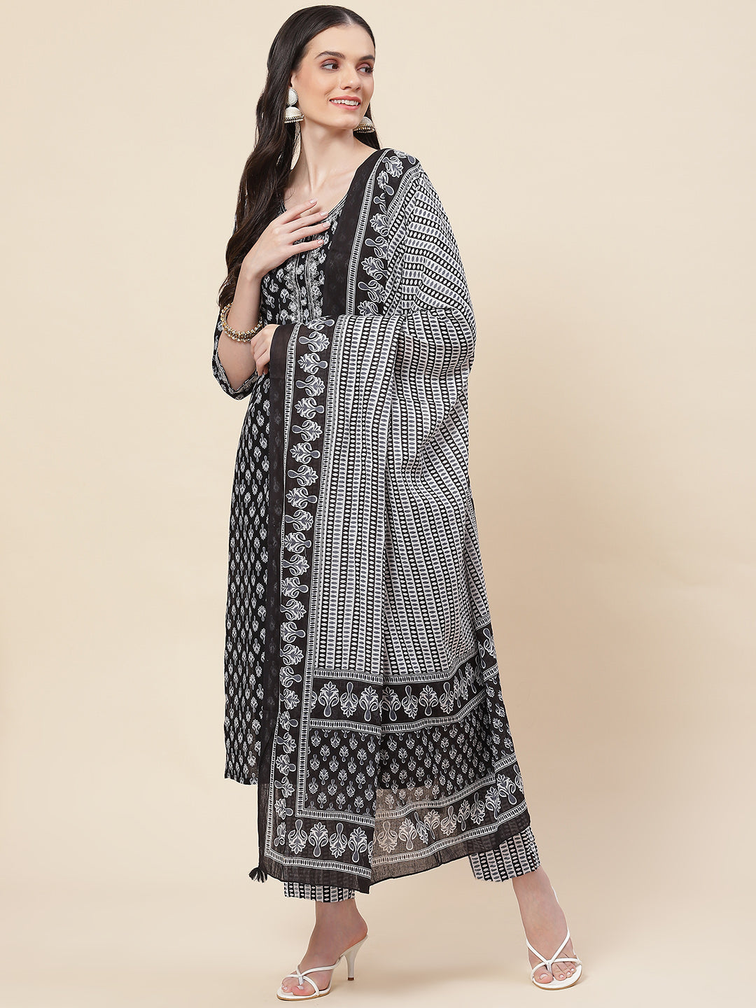 Printed Cotton Kurta With Pants &amp; Dupatta