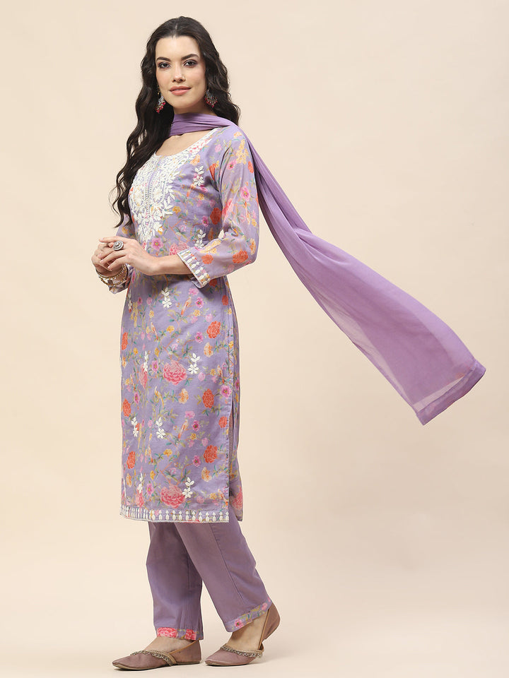 Printed Cotton Kurta With Pants &amp; Dupatta