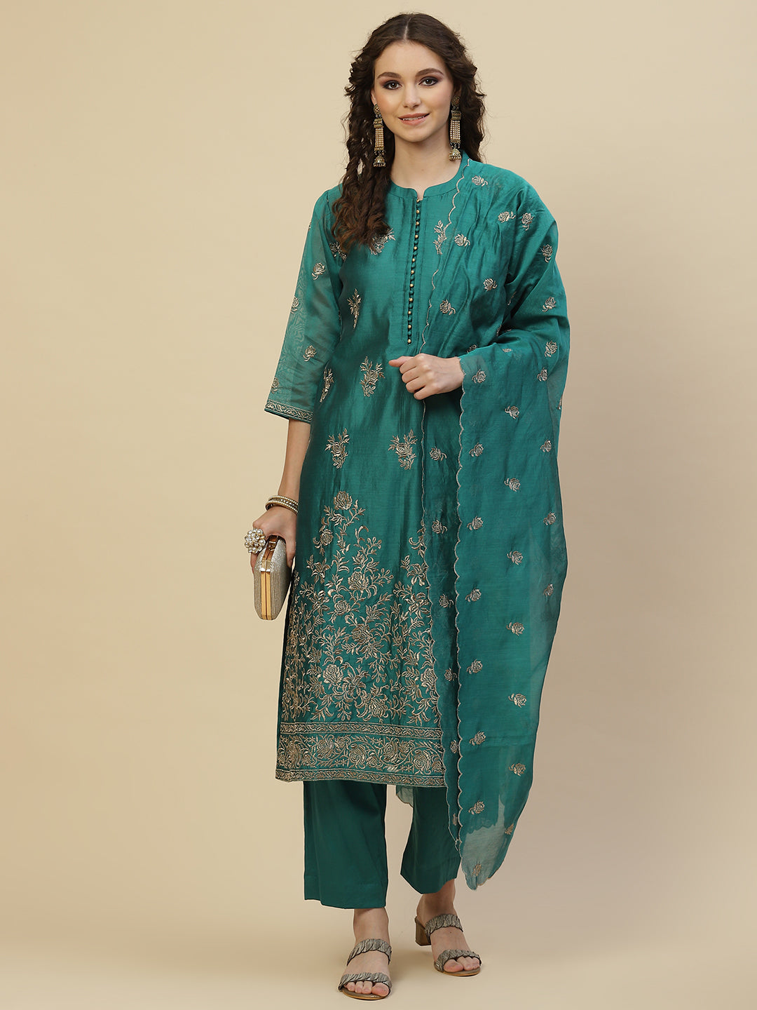 Zari Booti Cotton Kurta With Pants &amp; Dupatta