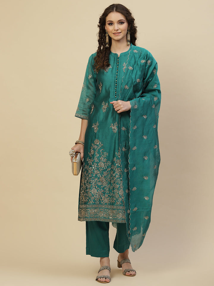 Zari Booti Cotton Kurta With Pants &amp; Dupatta