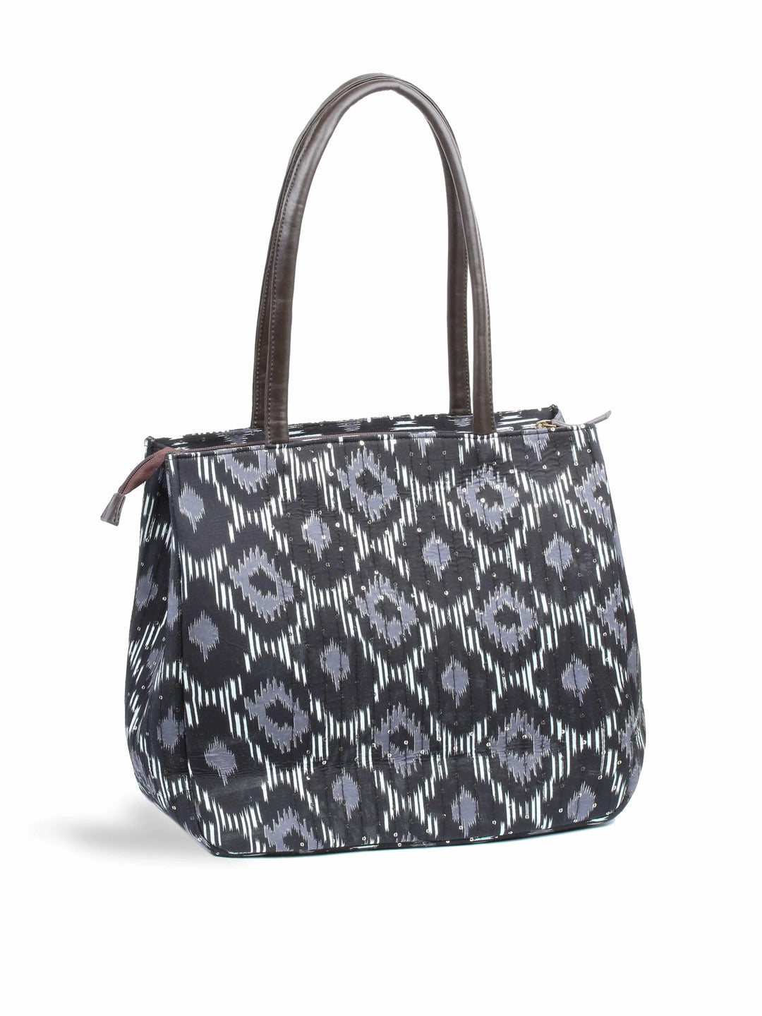 Black Printed Cotton Handbag With Pouch