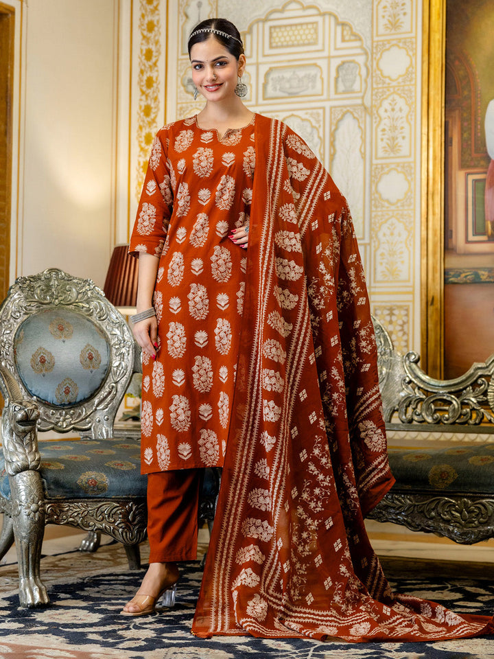 Rust Cotton Blend Printed Straight Suit Set