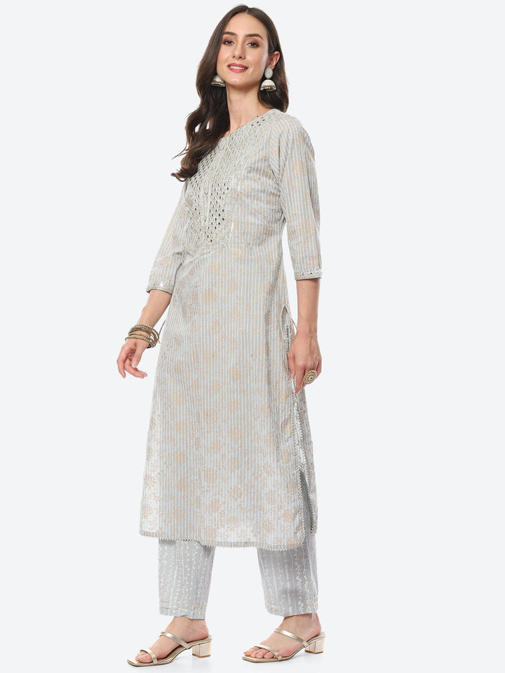 Resham Mirror Printed Cotton Kurta With Pant