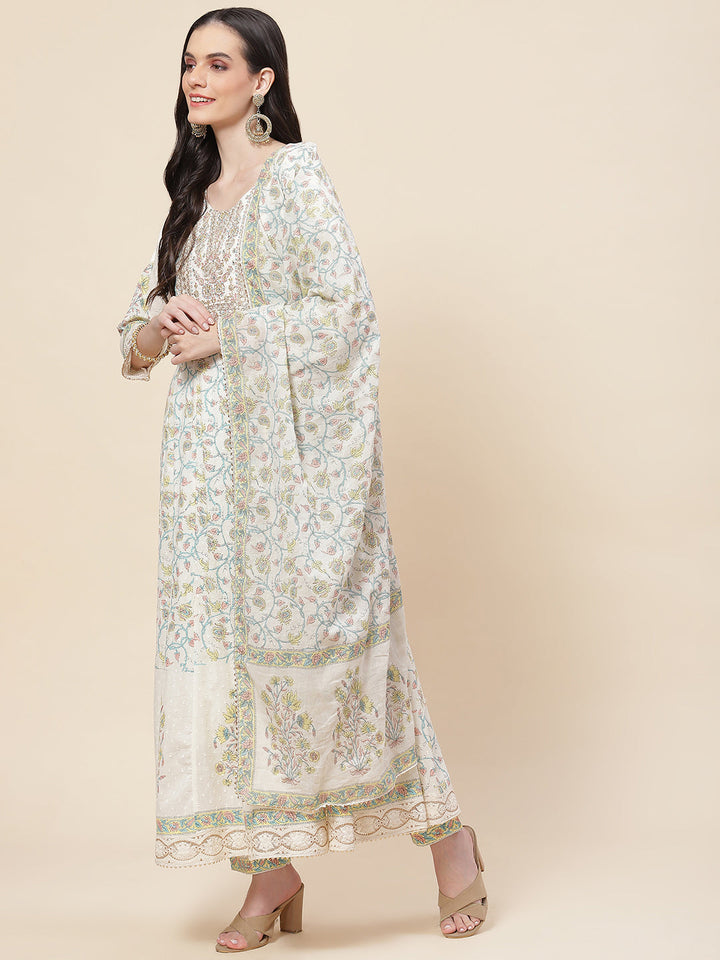 Floral Printed Cotton Kurta With Pants &amp; Dupatta