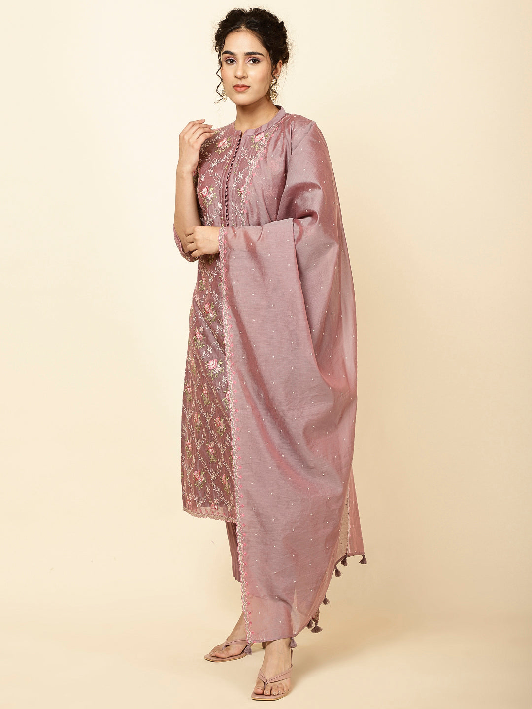 Embroidered Chanderi Kurta With Pants &amp; Dupatta