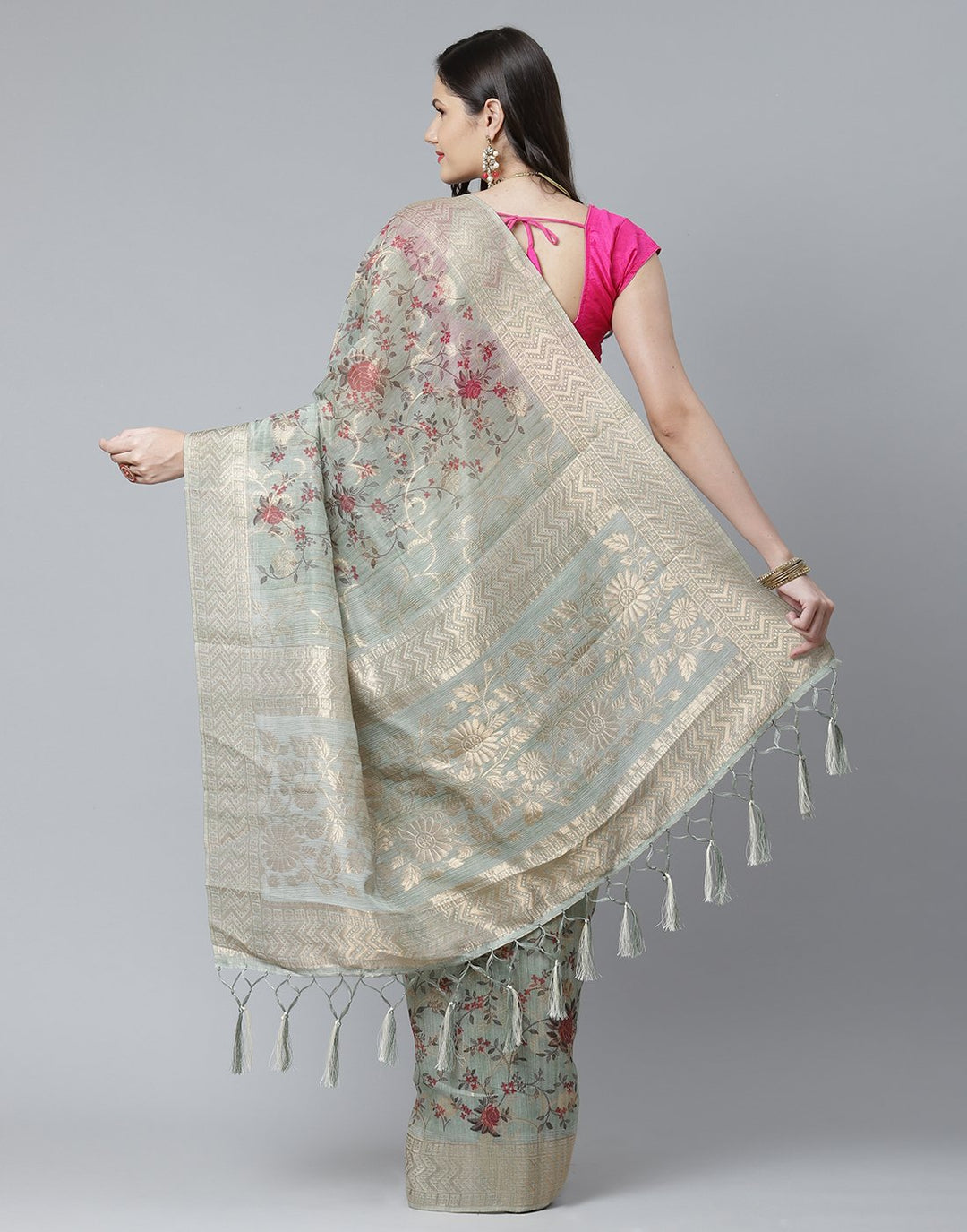 Floral Print  With Zari Border Linen Saree