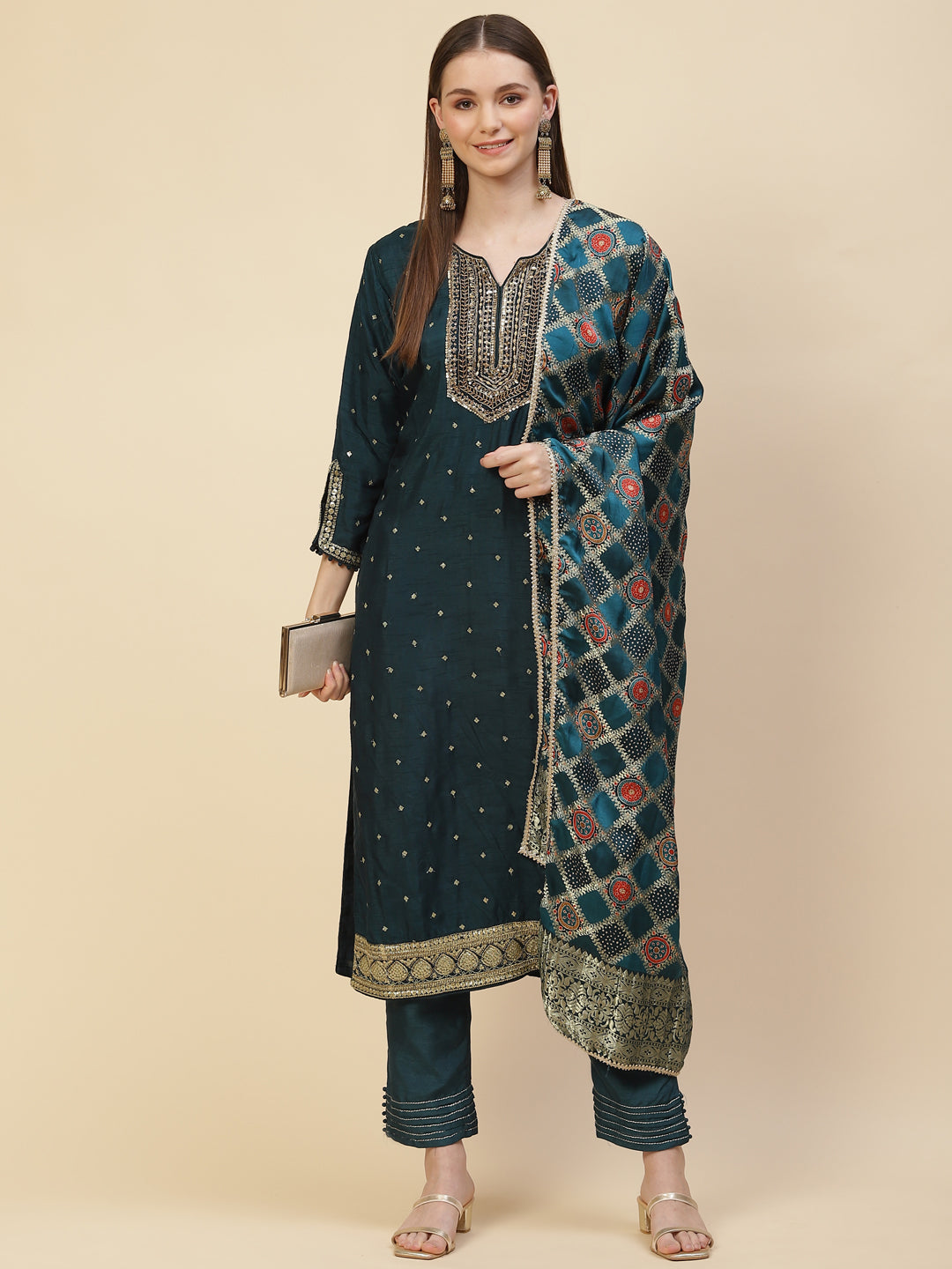 Zari Booti Handloom Kurta With Pants &amp; Dupatta