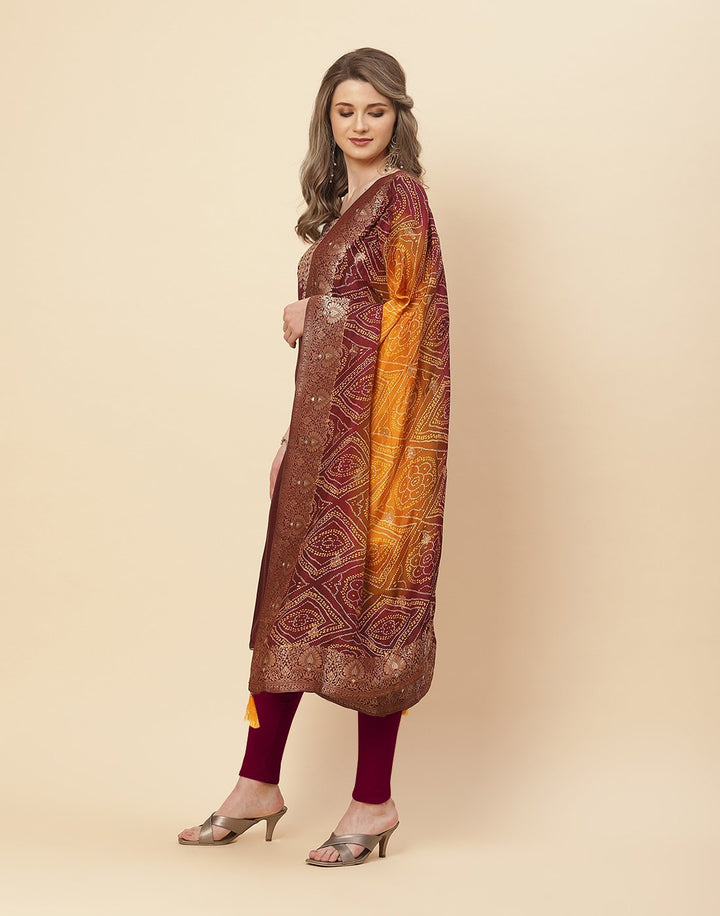 Embroidered Art Handloom Dupion Suit Piece With Bandhini Printed Dupatta