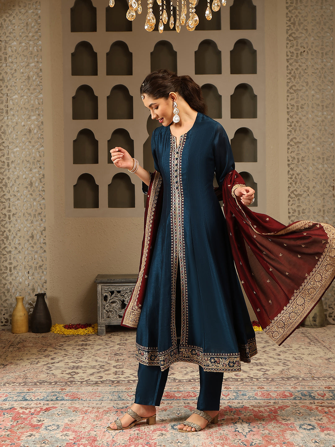 Zari Embroidery Handloom Kurta With Pants &amp; Dupatta