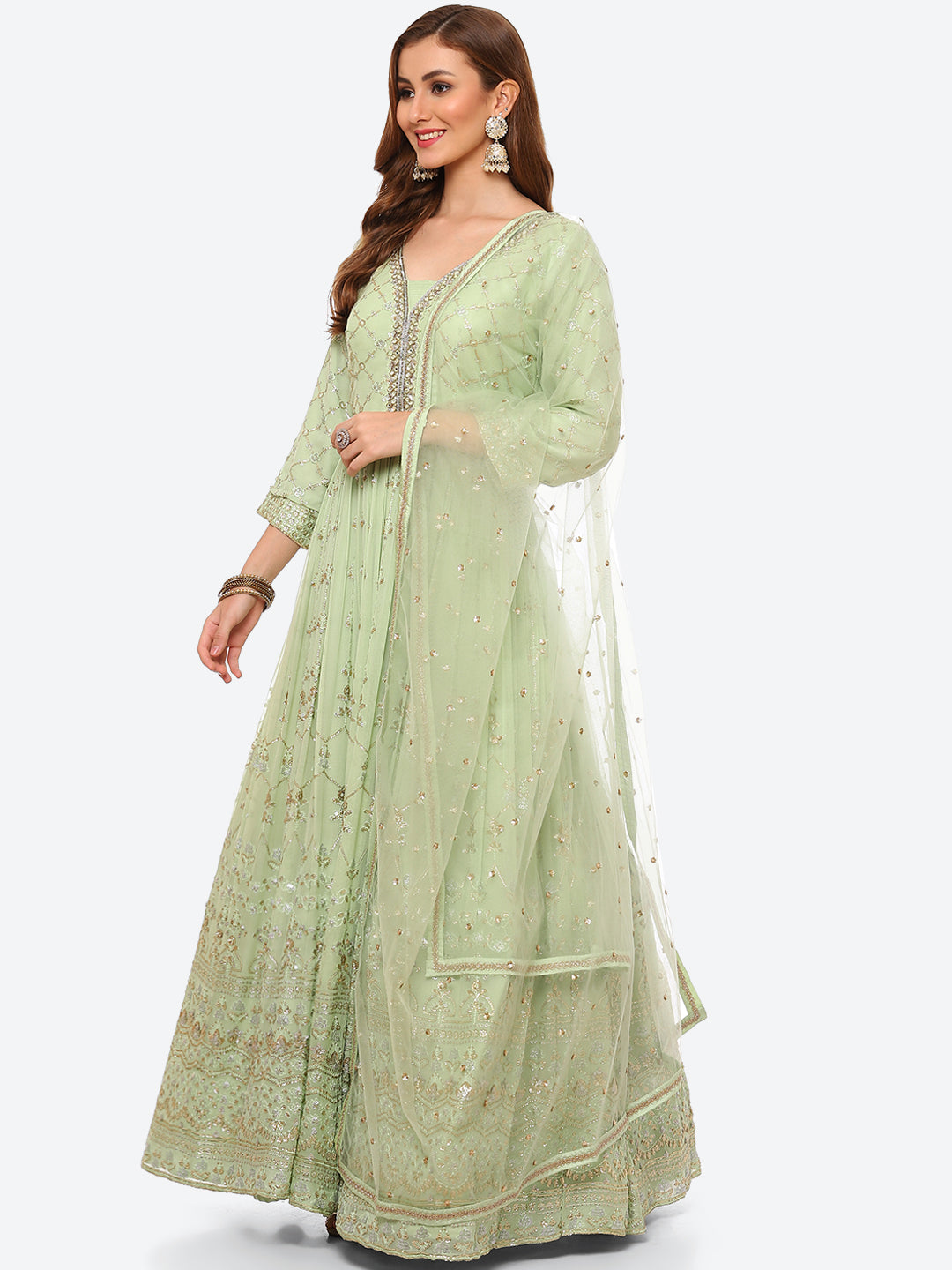 Sequin Work Georgette Anarkali Kurta With Churidar &amp; Net Dupatta