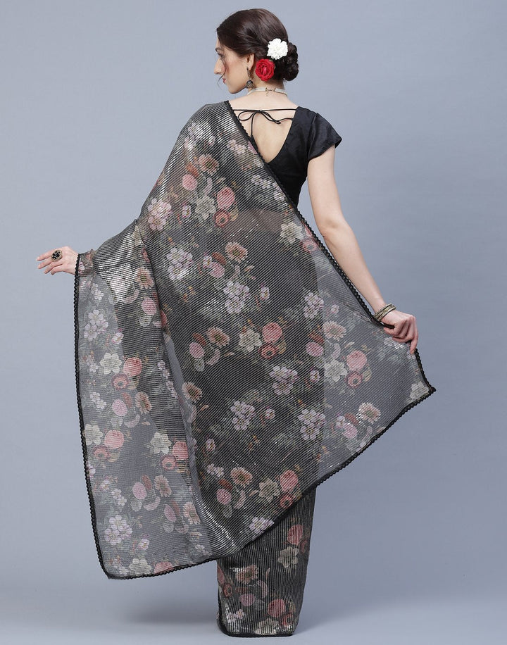 Beautiful Floral Printed  Organza Saree with Sequence Work