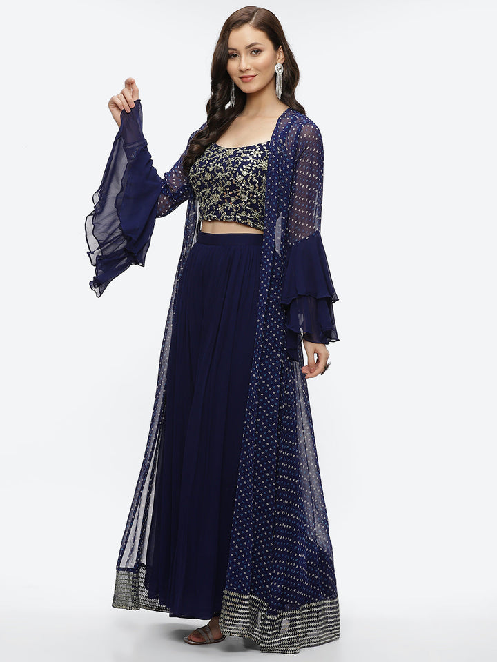 Bandhani Printed Georgette Choli With Jacket &amp; Palazzo